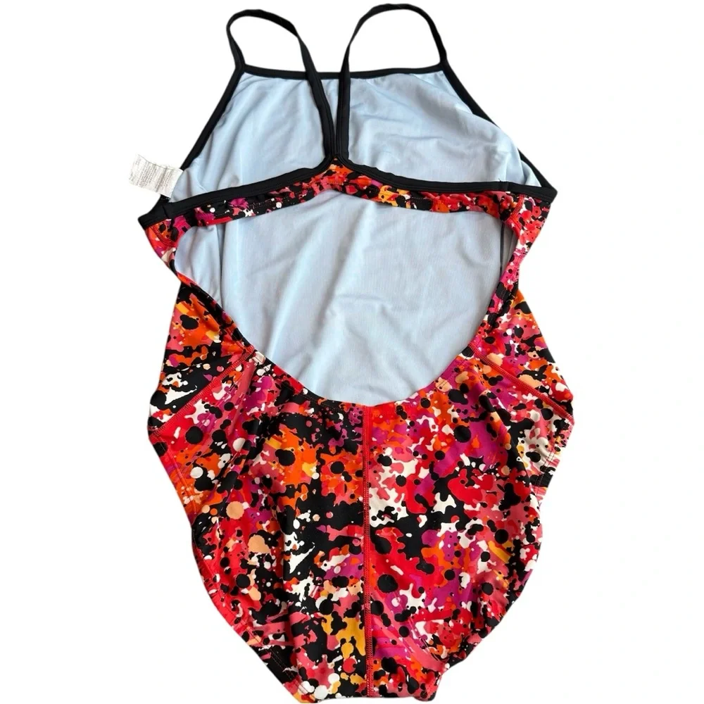 Nike Women’s Size 14 One‎ Piece Swimsuit Red Orange Abstract Open Back Sporty